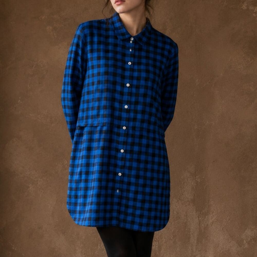 J.Jill Blue Black Buffalo Plaid Tiered Shirt Dress Tunic Medium Long Sleeve